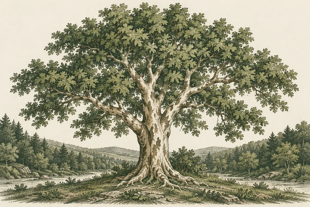 Engraved illustration of a green sycamore tree beside a woodland stream